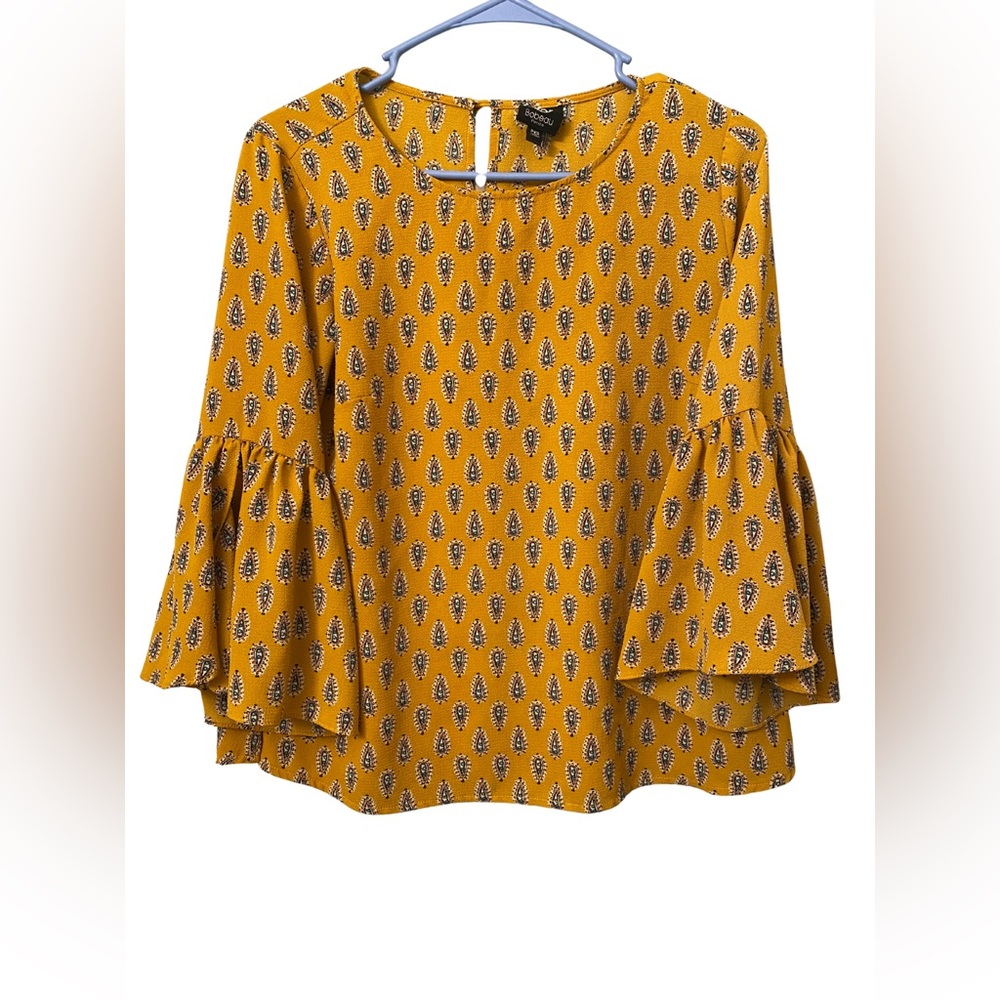 Boho Flowy Mustard Yellow Blouse with Bell Sleeves Vacation Bobeau Paisley